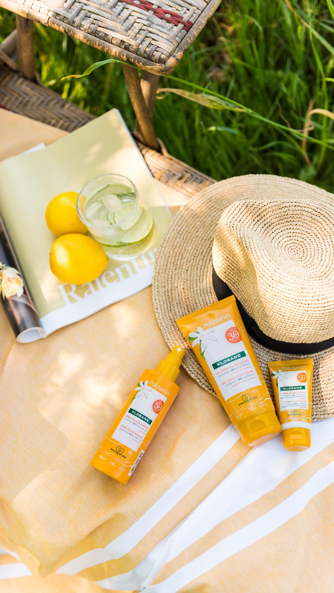 C’est le réflexe n°1 à adopter, même en dehors de l’été ! Après avoir nettoyé votre peau, appliquez un soin avec protection solaire, minimum SPF 30 ! Crème hydratante boostée ou crème solaire, l’important est d’en mettre suffisamment et de renouveler l’application régulièrement dans la journée, surtout si vous transpirez ou que vous vous exposez direc-tement. Méfiez-vous du soleil derrière les nuages, il est tout aussi redoutable ! Les solaires visage Klorane sont au Monoï et Tamanu BIO, de quoi commencer le voyage dès l’application !